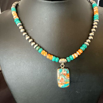 Navajo Spiny Turquoise Pendant Necklace | Sterling Silver | 22" | Authentic Native American Handmade | 17432