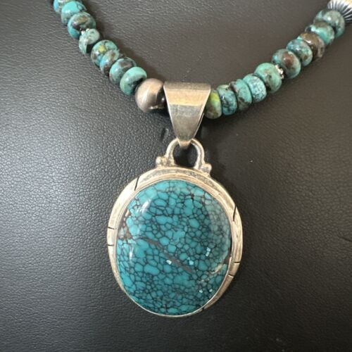 Men's Blue Spiderweb Turquoise Pendant Necklace | Navajo Sterling Silver | Authentic Native American Handmade | 17082