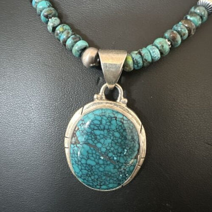 Men's Blue Spiderweb Turquoise Pendant Necklace | Navajo Sterling Silver | Authentic Native American Handmade | 17082