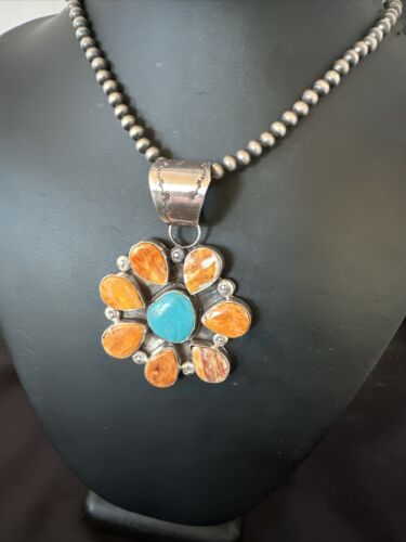 Navajo Blue Turquoise | Spiny Oyster Pendant Necklace | Sterling Silver | Multi-Stone | 16834