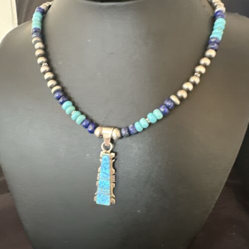 Navajo Opal Inlay Pendant Turquoise & Lapis | Sterling Silver Necklace | Native American Handmade | 16847