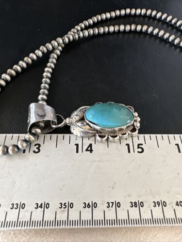 Navajo Pearls Blue Turquoise Necklace Pendant | Sterling Silver | Authentic Native American Handmade | 14881