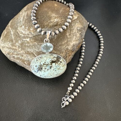 Navajo Dry Creek Turquoise Topaz Pendant Necklace | Sterling Silver | Authentic Native American Handmade | 16313