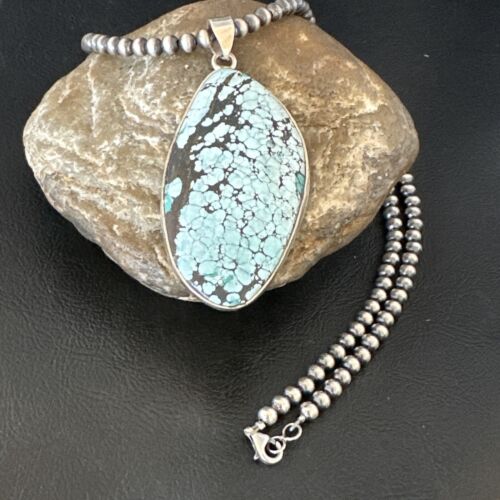 Men's Navajo Blue Spiderweb Turquoise Pendant Necklace | Sterling Silver | Authentic Native American Handmade | 16231