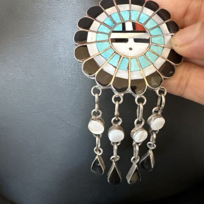 Sunface Zuni Inlay Turquoise Mother of Pearl Pin Pendant | Sterling Silver | Authentic Native American Handmade | 15177