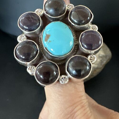 Navajo Blue Kingman Turquoise and Sugilite Cluster Ring | Authentic Native American Sterling Silver | Multi-Stone | Sz 7 | 16773
