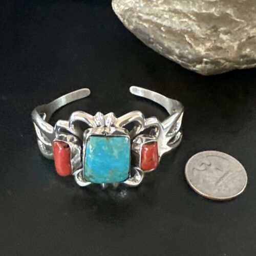 Kingman Turquoise Coral Cuff Bracelet | Navajo Tufa Cast | Sterling Silver | Authentic Native American Handmade | 16779