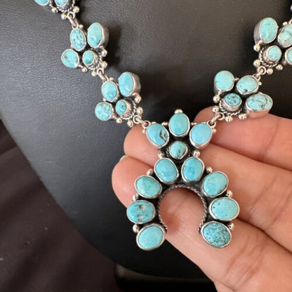 Navajo Blue Kingman Turquoise Squash Blossom Necklace | Sterling Silver | 16828