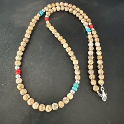 Navajo Turquoise Coral Picture Jasper Necklace | Sterling Silver | 24" | Authentic Native American Handmade | 17607