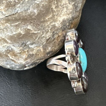 Navajo Blue Kingman Turquoise and Sugilite Cluster Ring | Authentic Native American Sterling Silver | Multi-Stone | Sz 7 | 16773