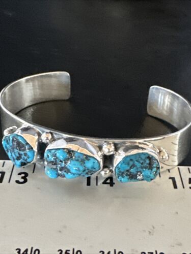 Blue Kingman Turquoise 3 Stone Cuff Bracelet | Navajo Sterling Silver | Authentic Native American Handmade | 15045
