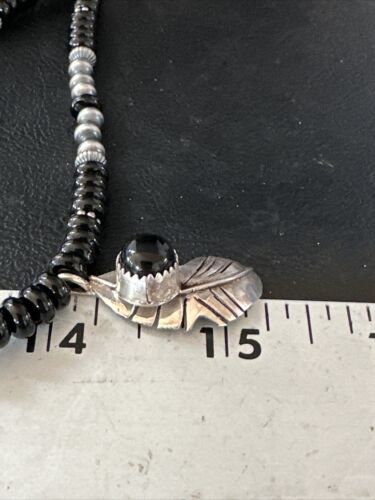 Navajo Black Onyx Pendant | Pearl Sterling Silver Necklace | Authentic Native American Handmade | 14899