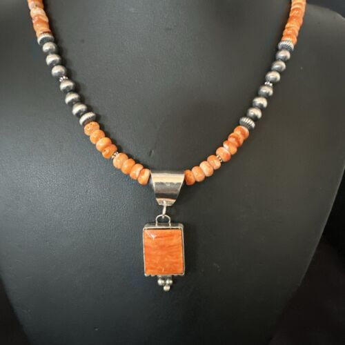 Navajo Pearls Necklace with Orange Spiny Oyster Pendant | Sterling Silver | Authentic Native American Handmade | 17050