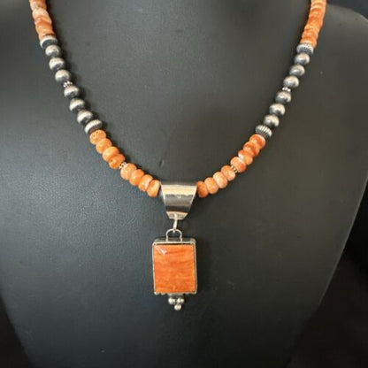 Navajo Pearls Necklace with Orange Spiny Oyster Pendant | Sterling Silver | Authentic Native American Handmade | 17050