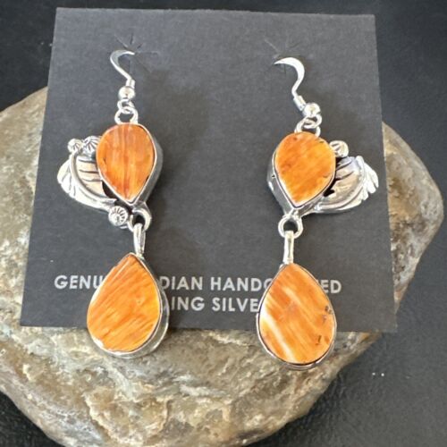 Navajo Orange Spiny Oyster Dangle Earrings | Sterling Silver | 1.5" | Authentic Native American Handmade | 16567
