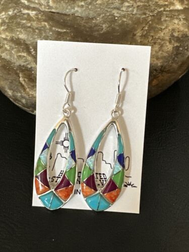 Southwestern Sterling Silver Multi-Color Turquoise Lapis Inlay Earrings | Authentic Native American Handmade | 14938 - Masha USA