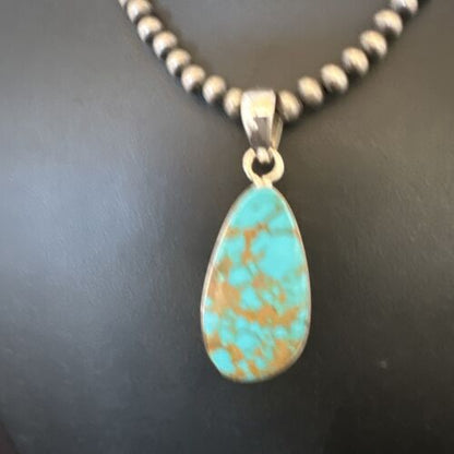 Navajo Blue Kingman Turquoise Pendant Necklace | Sterling Silver Pearls | 20" | Authentic Native American Handmade | 16673