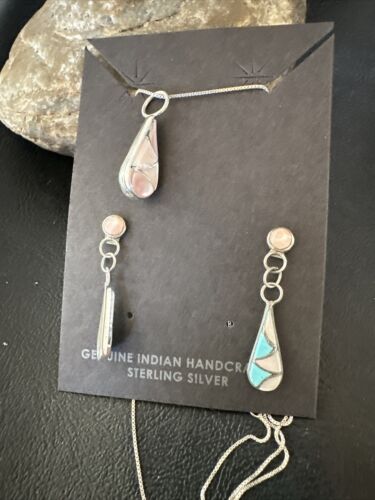 Zuni Turquoise & Pink Mother of Pearl Inlay Pendant Necklace & Earrings Set | Double Sided | Sterling Silver | Native American Handmade | 17493