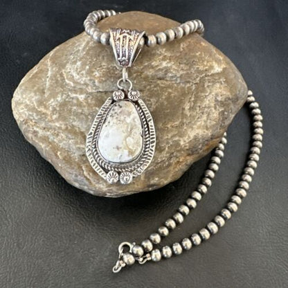 Navajo White Buffalo Turquoise Pendant Necklace | Sterling Silver | Authentic Native American Handmade | 17512 - Masha USA