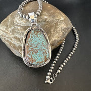 Navajo Blue Turquoise #8 Pendant | Sterling Silver Necklace with Pearls | Authentic Native American Handmade | 16347