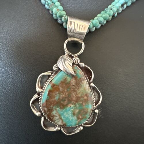 Navajo Blue Turquoise Pendant | Sterling Silver 3-Strand Bead Necklace | 17" | Authentic Native American Handmade | 15995