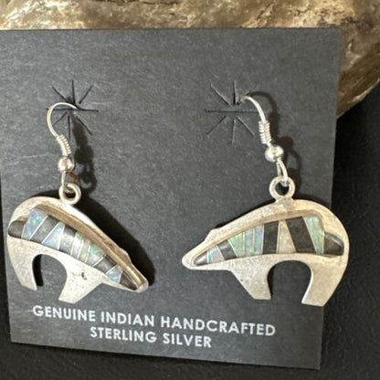 Navajo Onyx White Opal Inlay Dangle Earrings | Sterling Silver | Authentic Native American Handmade | 15352