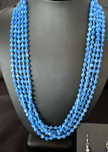 Navajo Blue Denim Lapis Necklace Earrings Set | 5-Strand Sterling Silver | Authentic Native American Handmade | 15772