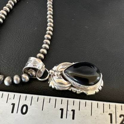 Navajo Pearls Black Onyx Necklace | Sterling Silver | Authentic Native American Handmade | 16133