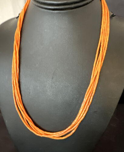 Navajo Orange Coral Tube Heishi Bead Necklace | 5 Strand | Sterling Silver | 20" | 16066
