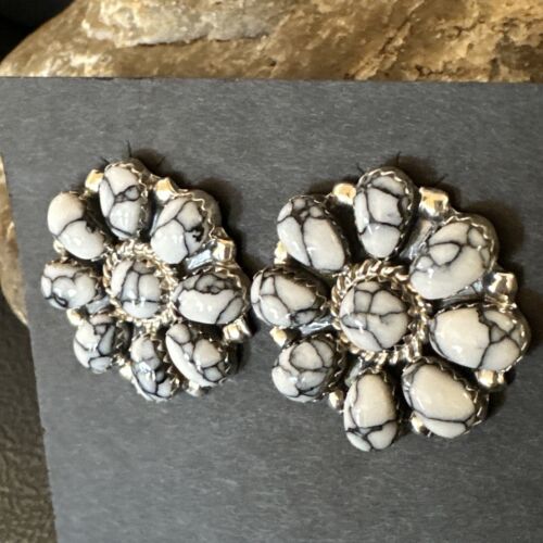 Women's Cluster White Buffalo Turquoise Earrings | Navajo Sterling Silver | Authentic Native American Handmade | 16343