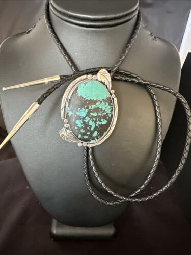 Men's Blue Spiderweb Turquoise Bolo Tie | Navajo Sterling Silver | Authentic Native American Handmade | 15009