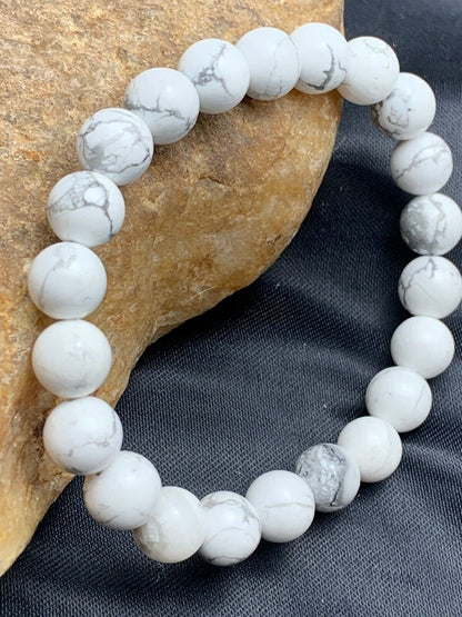 White Howlite Bead Mala Bracelet | 8mm | Stretchable | Authentic Native American Handmade | 4603
