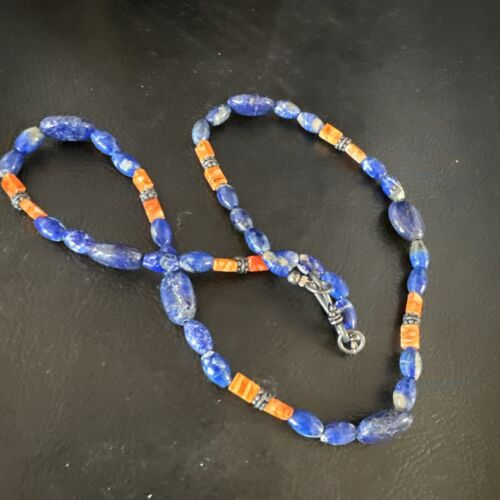 Men's Lapis Lazuli Spiny Oyster Necklace | Navajo Sterling Silver | 18" | Authentic Native American Handmade | 15265