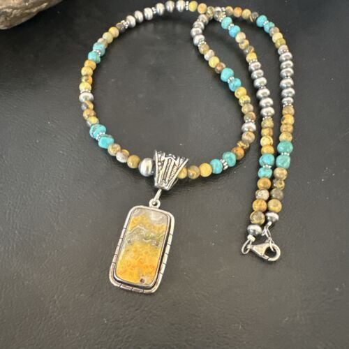 Men's BumbleBee Jasper Pendant Necklace | Navajo Pearls | Sterling Silver | Authentic Native American Handmade | 16880 - Masha USA