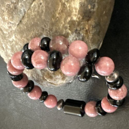 Navajo Pink Rhodochrosite Memory Wire Bracelet | Stainless Steel | Authentic Native American Handmade | 17625