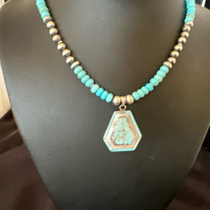 Navajo Turquoise Inlay Pendant Necklace | Sterling Silver | Authentic Native American Handmade | 17078