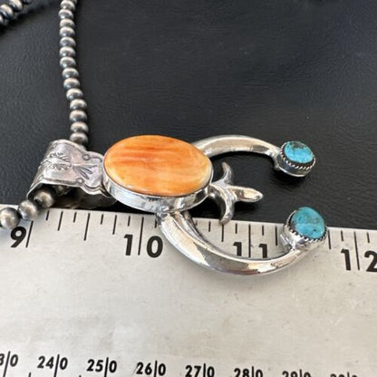 Navajo Blue Turquoise Orange Spiny Oyster Naja Pendant | Sterling Silver | Native American Handmade | 16410