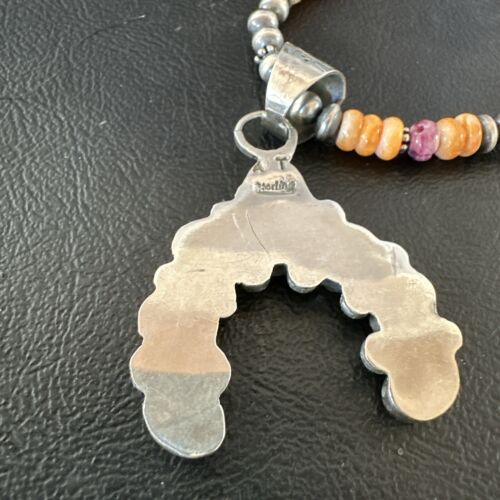 Navajo Pearls Orange Spiny Oyster Naja Pendant | Sterling Silver Necklace | Authentic Native American Handmade | 16802