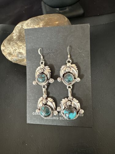 Navajo Blue Spiderweb Turquoise Dangle Earrings | Sterling Silver | Authentic Native American Handmade | 16012