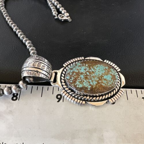 Navajo Blue Turquoise #8 Pendant | Sterling Silver Pearls Necklace | Authentic Native American Handmade | 16348
