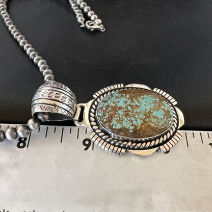 Navajo Blue Turquoise #8 Pendant | Sterling Silver Pearls Necklace | Authentic Native American Handmade | 16348