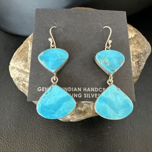 Navajo Blue Kingman Turquoise Dangle Earrings | Sterling Silver | Authentic Native American Handmade | 15101