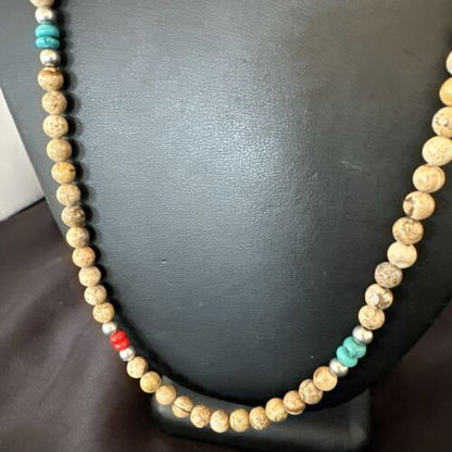 Navajo Turquoise Coral Picture Jasper Necklace | Sterling Silver | 24" | Authentic Native American Handmade | 17607