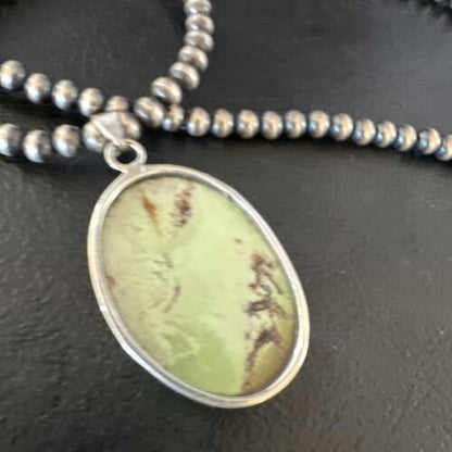 Navajo Green Gaspeite Pendant Necklace | Sterling Silver | Authentic Native American Handmade | 15489