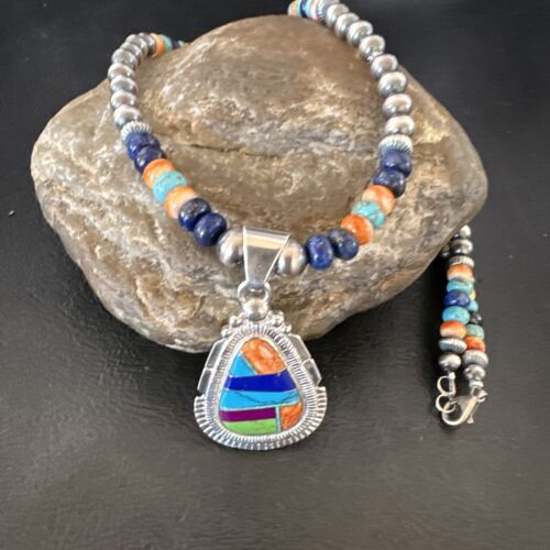 Navajo Lapis Spiny Oyster Turquoise Inlay Pendant Necklace | Sterling Silver | 21" | Authentic Native American Handmade | 16628