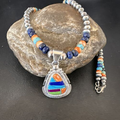 Navajo Lapis Spiny Oyster Turquoise Inlay Pendant Necklace | Sterling Silver | 21" | Authentic Native American Handmade | 16628