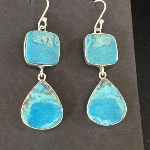 Navajo Blue Kingman Turquoise Dangle Earrings | Sterling Silver | Authentic Native American Handmade | 15105