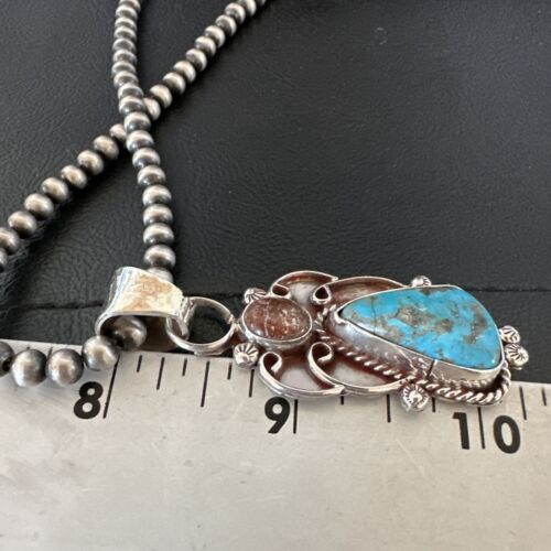 Navajo Blue Kingman Turquoise Wild Horse Pendant Necklace | Sterling Silver | Authentic Native American Handmade | 17224