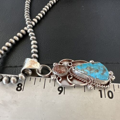 Navajo Blue Kingman Turquoise Wild Horse Pendant Necklace | Sterling Silver | Authentic Native American Handmade | 17224