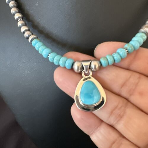 Navajo Blue Kingman Turquoise Pendant Necklace | Sterling Silver | 21" | Authentic Native American Handmade | 16933